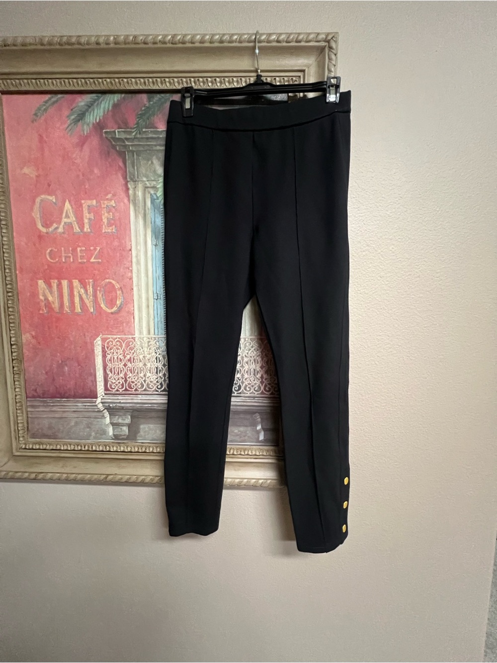 Tory Burch Black Ponte Leggings with Gold Snap Button Accents